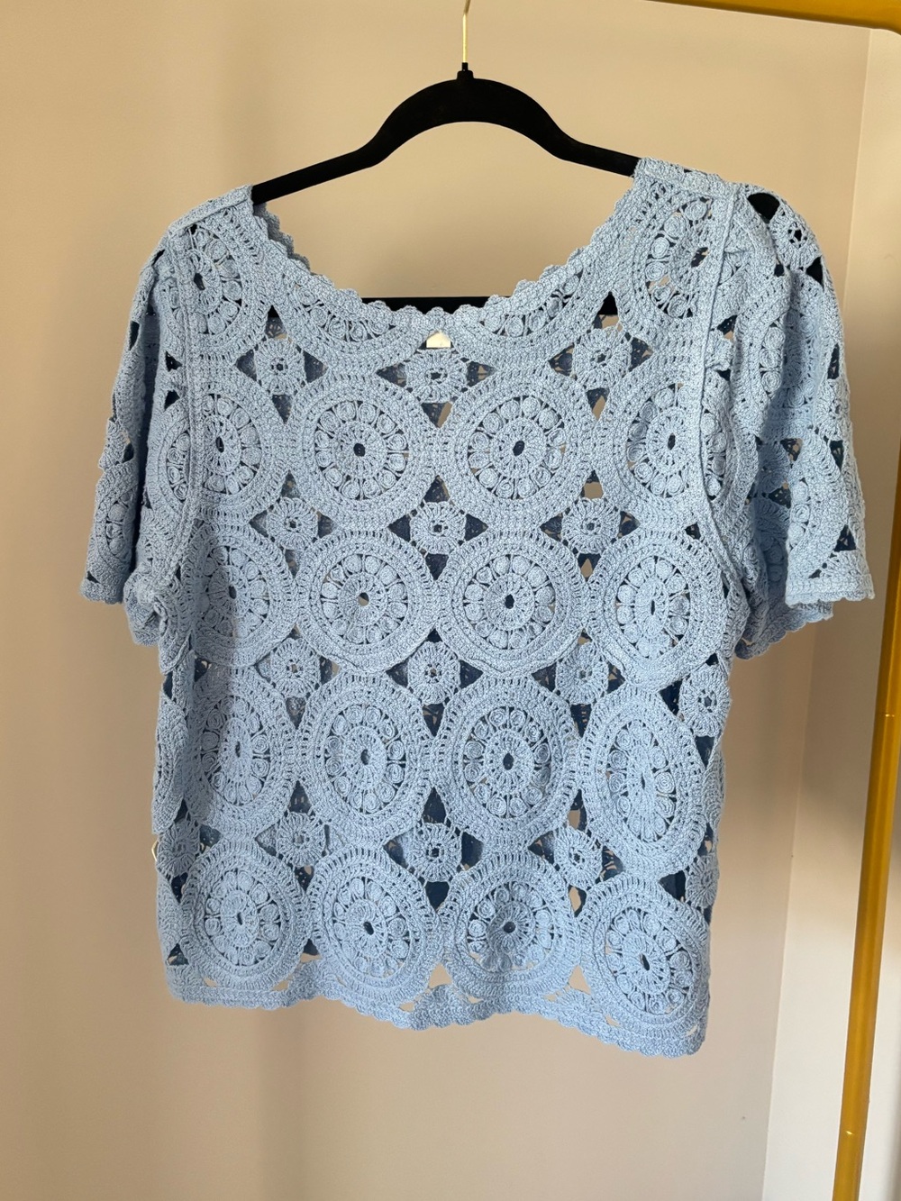 Ultra Pink Light Blue Crochet Short Sleeve Cotton Blouse